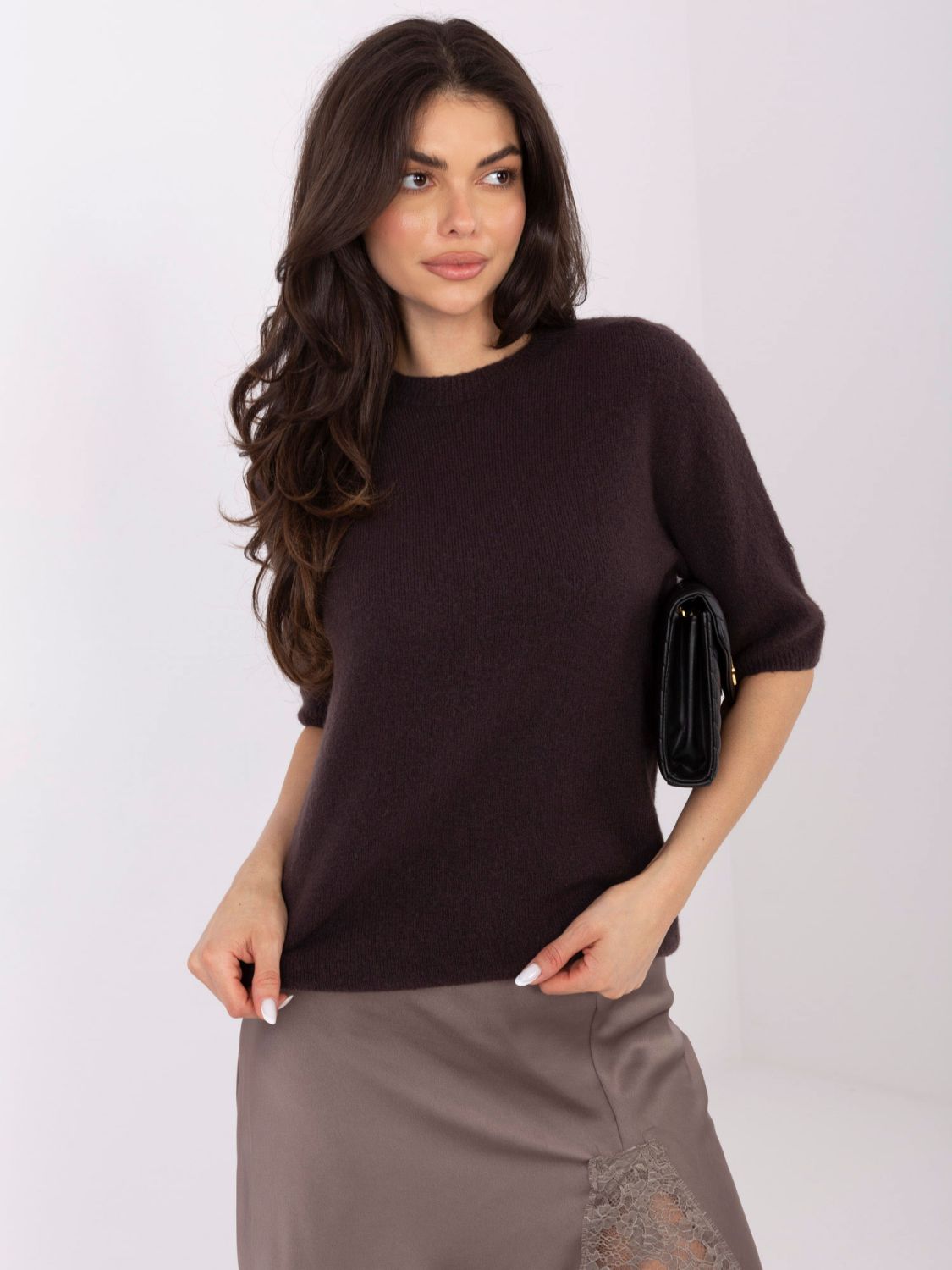 Maglione corto marrone in baby alpaca