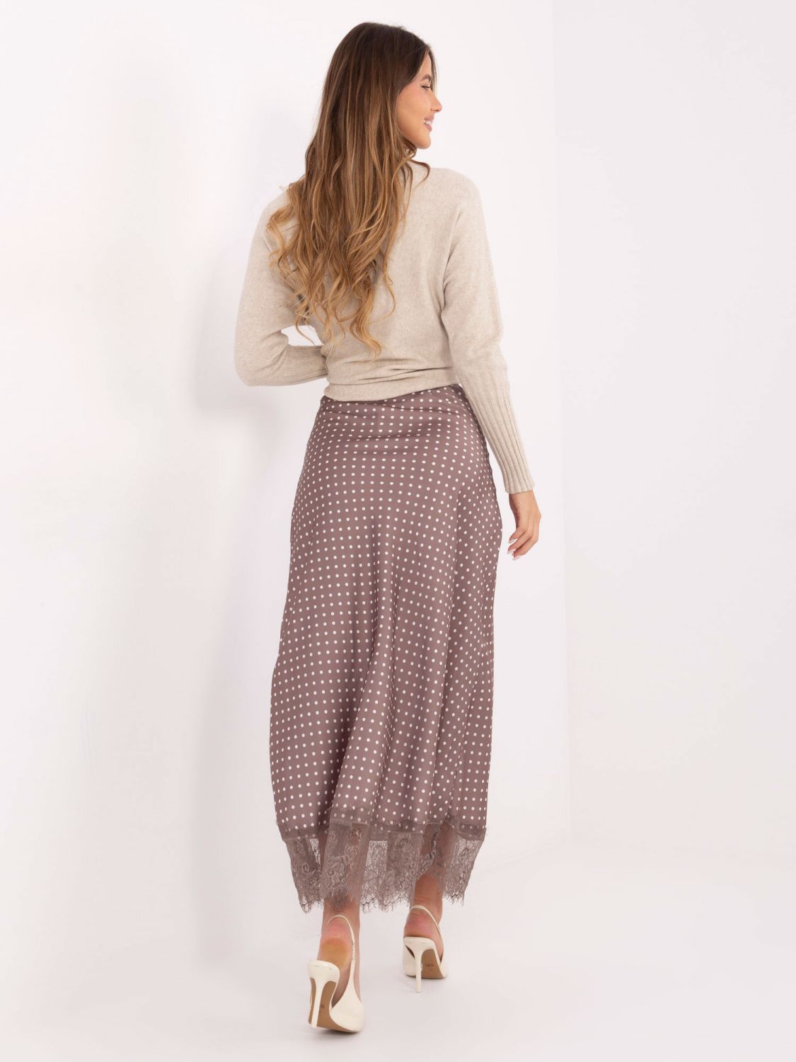 Gonna midi beige a pois con pizzo