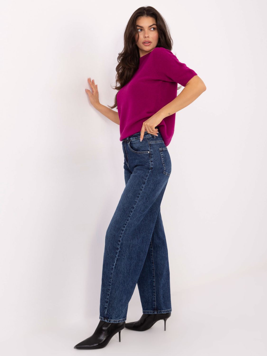 Fuksija pleteni pulover s kratkim rukavima