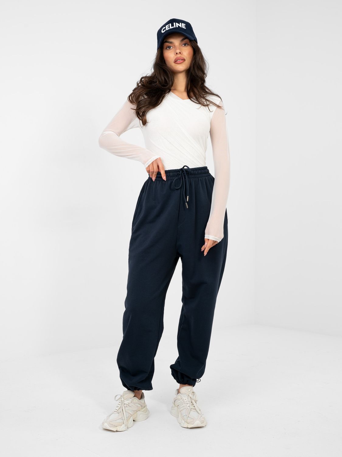 Jogger blu navy a vita alta in cotone