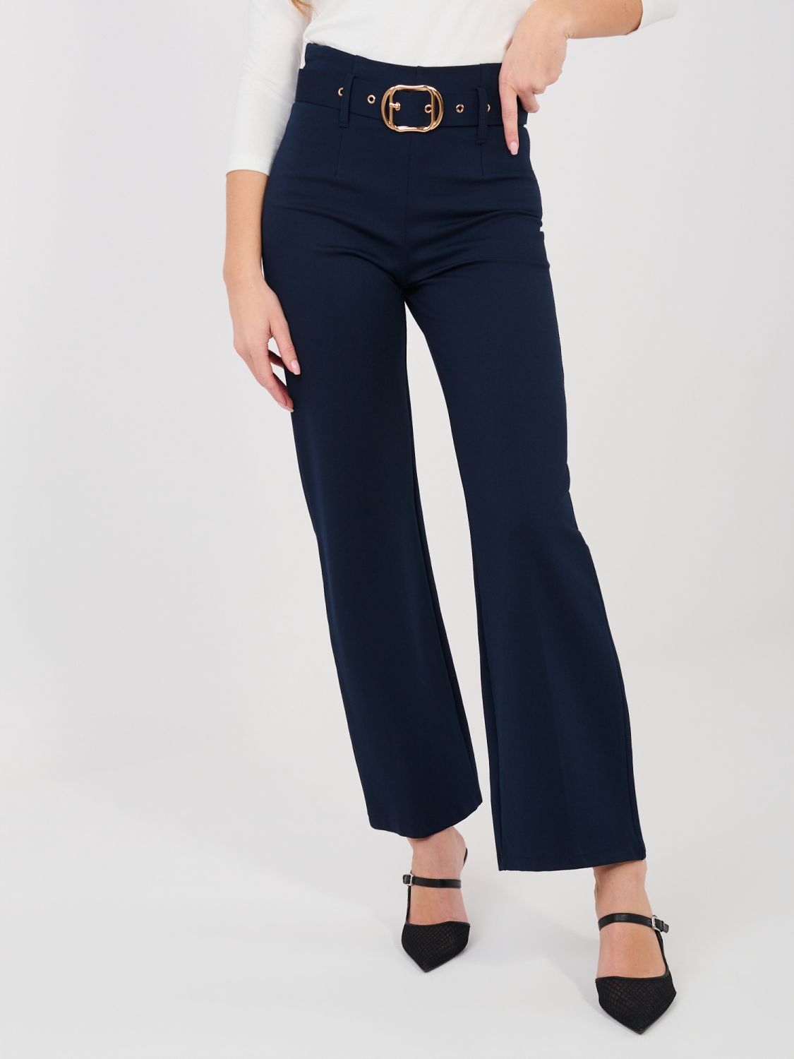 Eleganti pantaloni blu scuro a vita alta con cintura