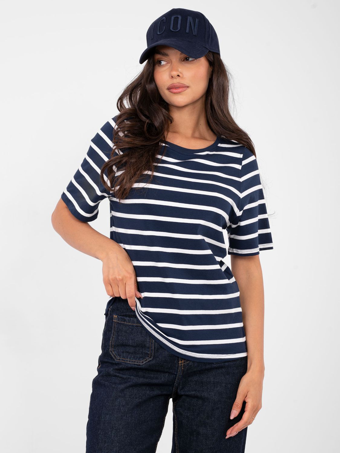 T-shirt donna a righe con maniche corte, blu navy