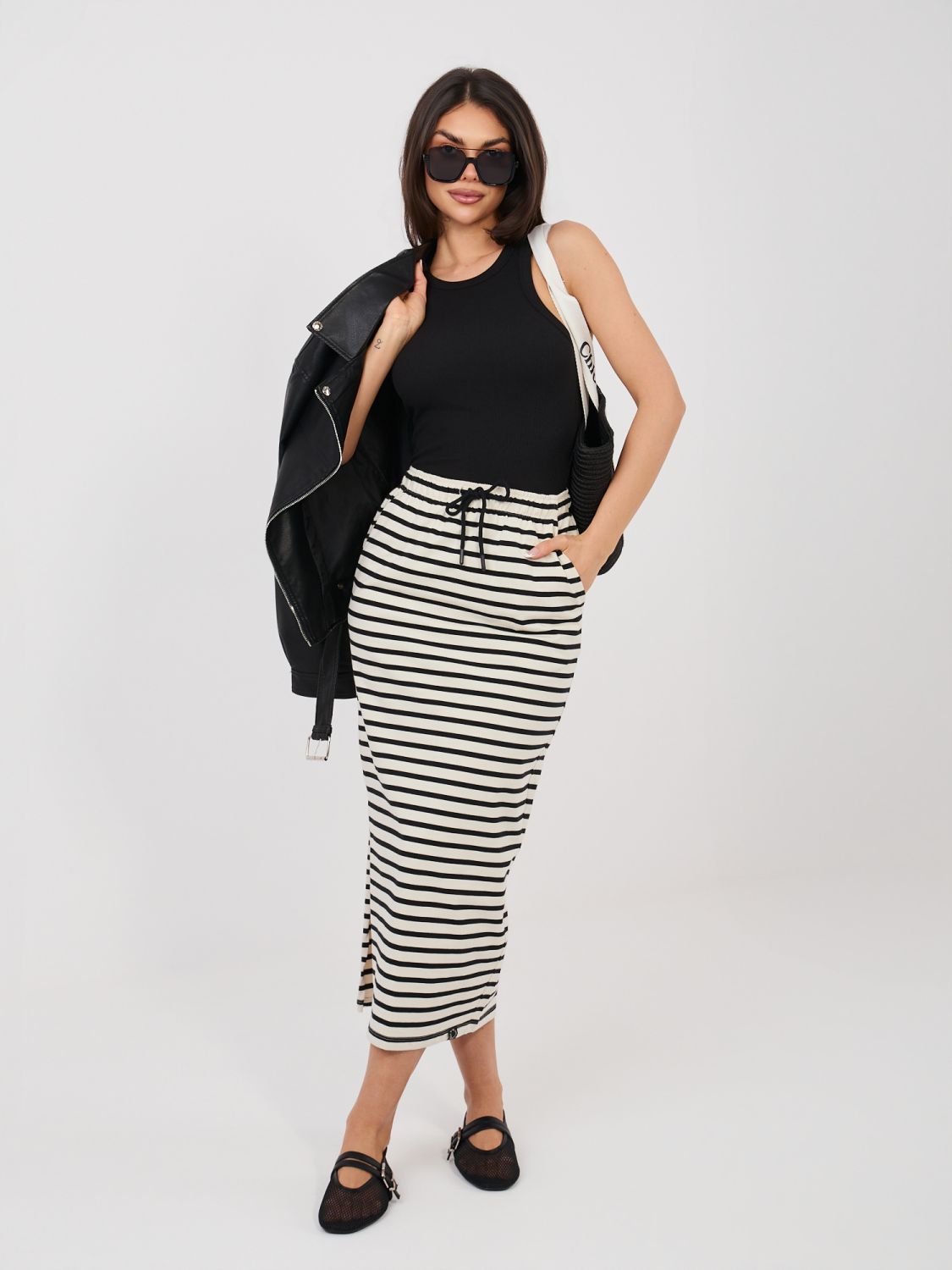 Gonna midi beige a righe con tasche