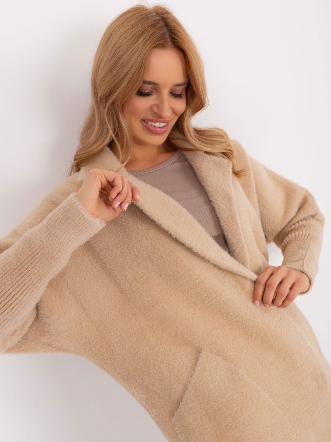 Cappotto donna beige chiaro in alpaca e lana