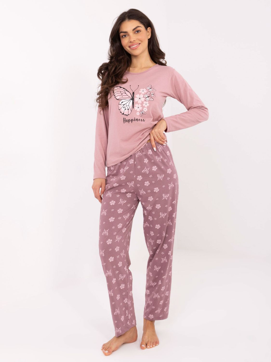 Ženska pamučna pidžama s printom, ružičasta