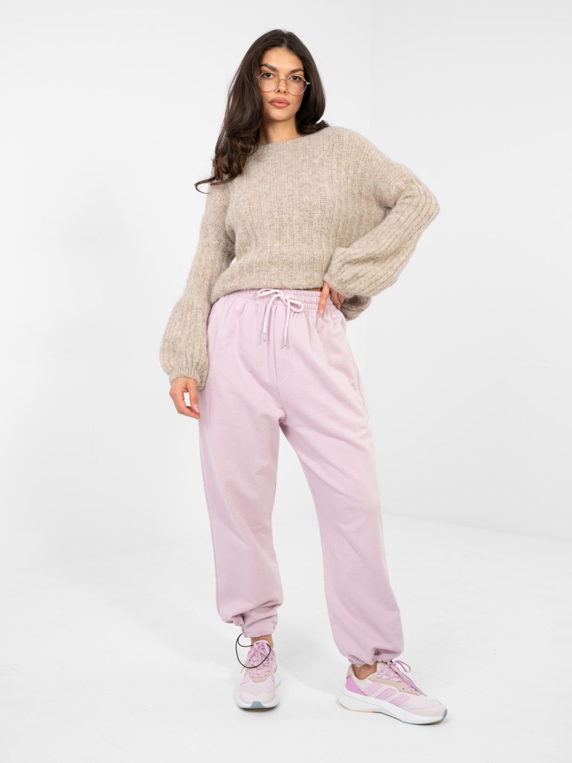 Jogger da donna in cotone lilla con vita alta