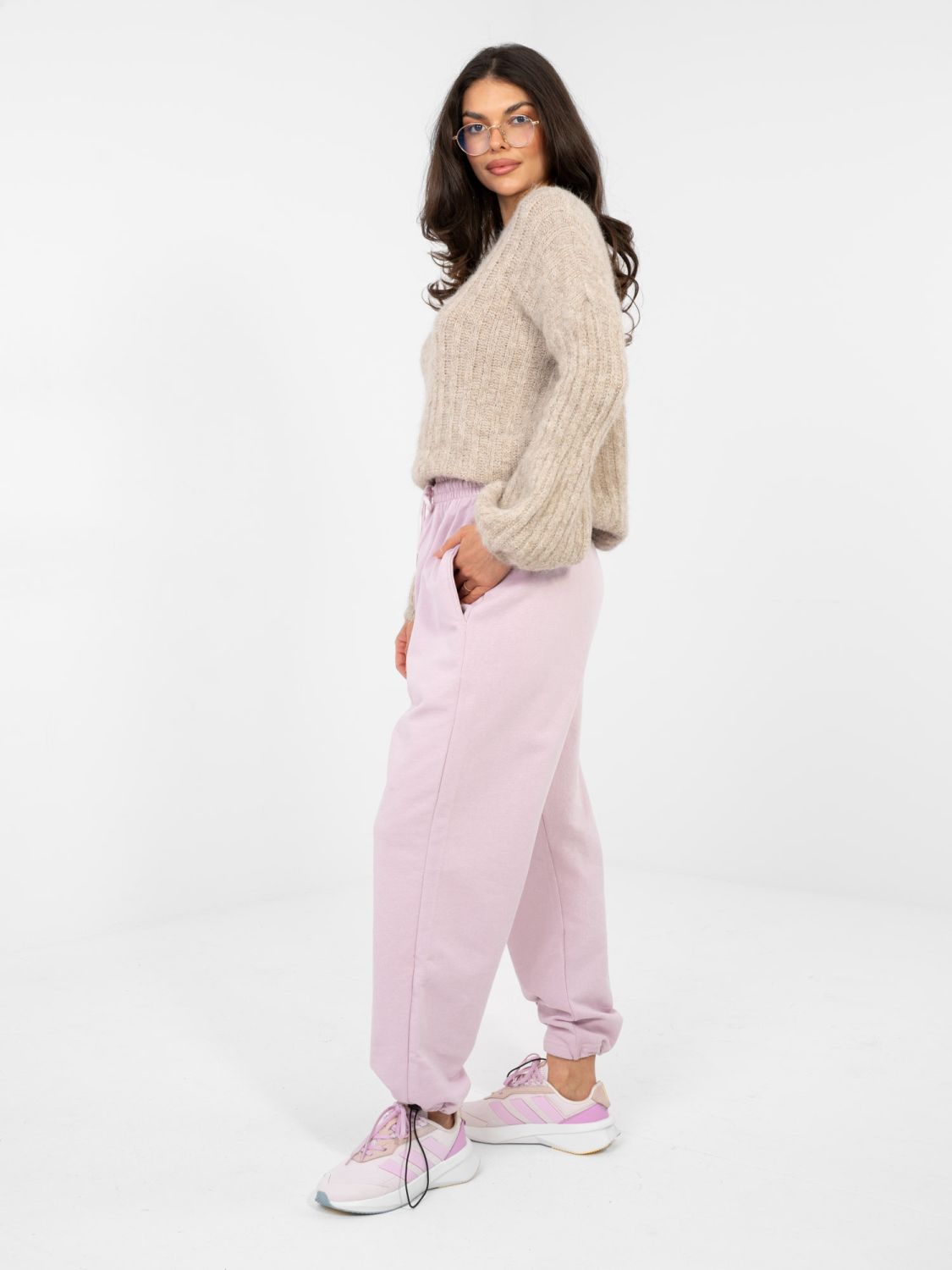 Jogger da donna in cotone lilla con vita alta