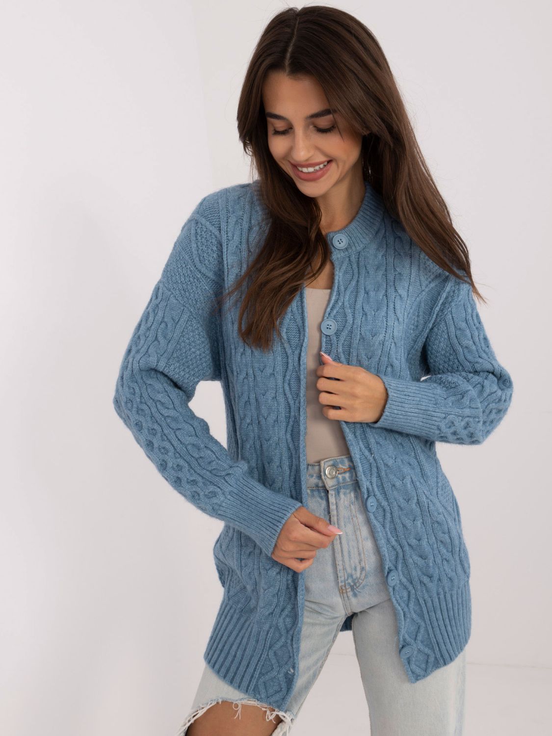 Cardigan lungo blu con bottoni e lavorazione a maglia testurizzata