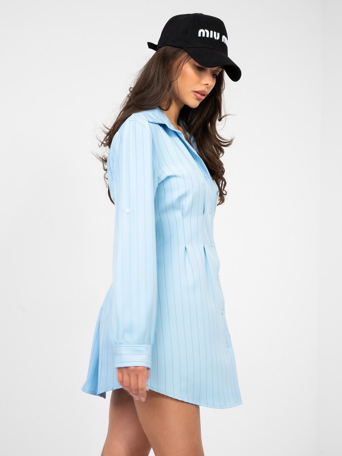Abito chemisier mini a righe con colletto, azzurro