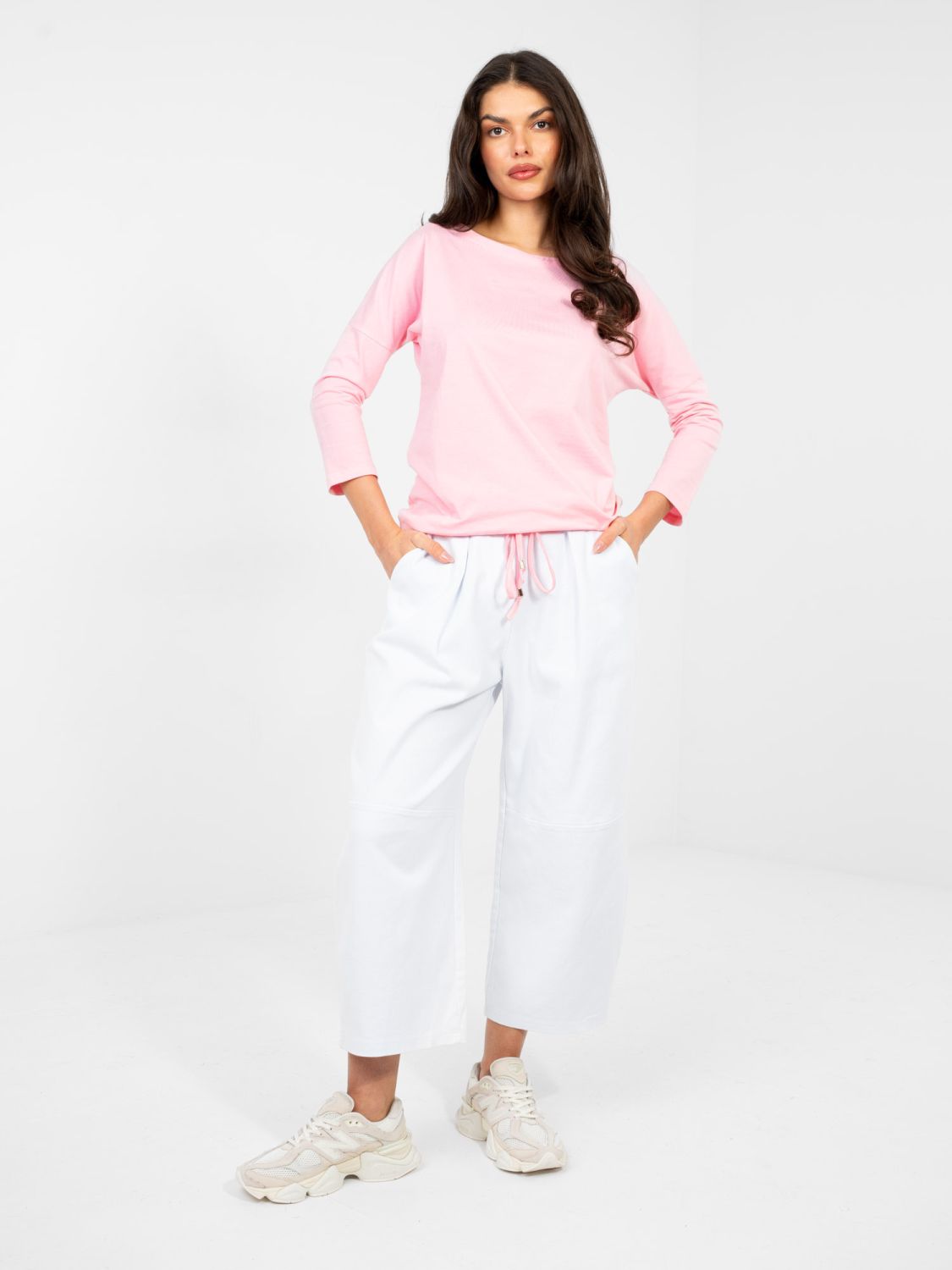 Blusa rosa chiaro in cotone con maniche 3/4 e laccetto