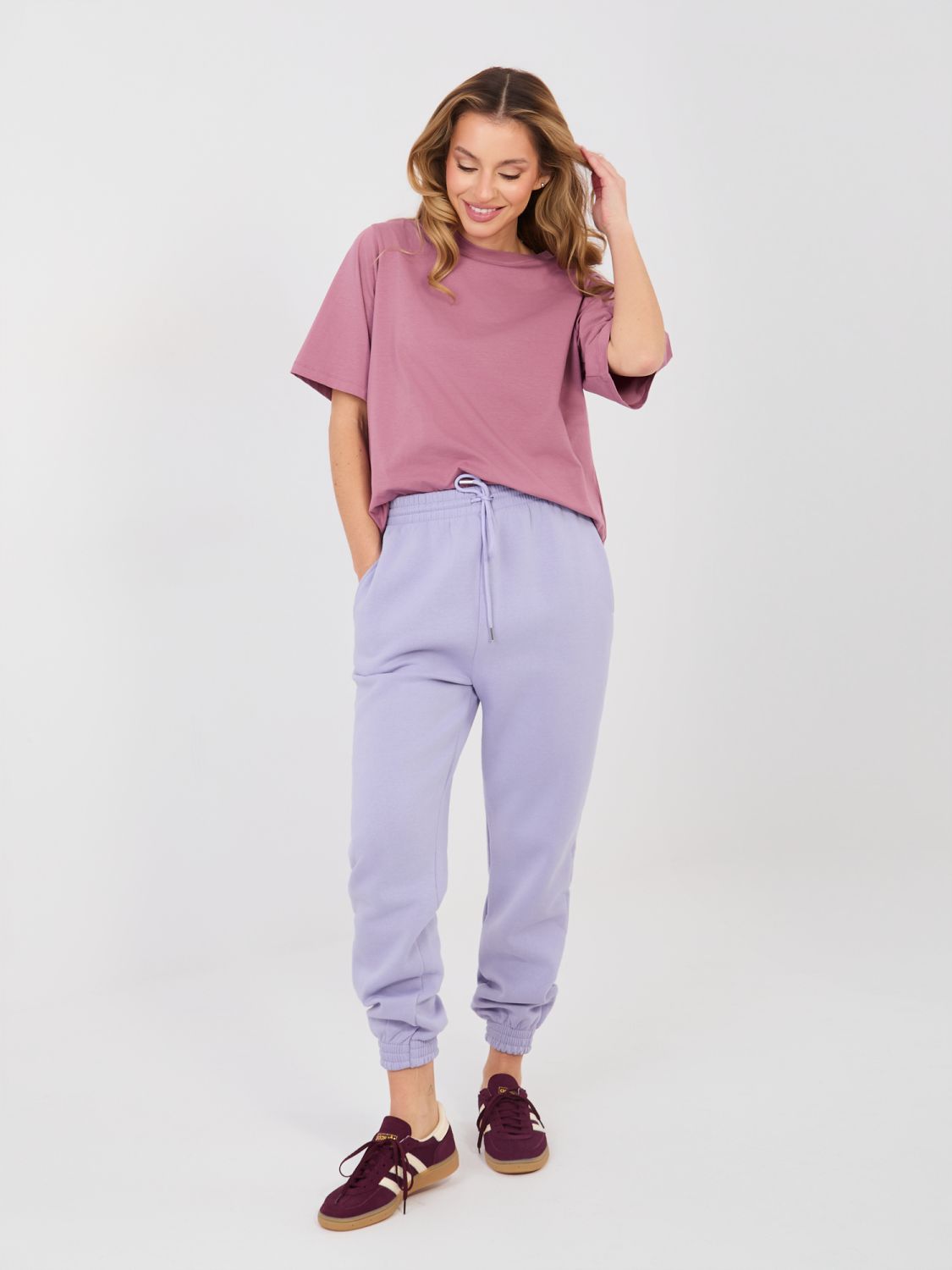 Ženske ljubičaste trenirke s visokim strukom