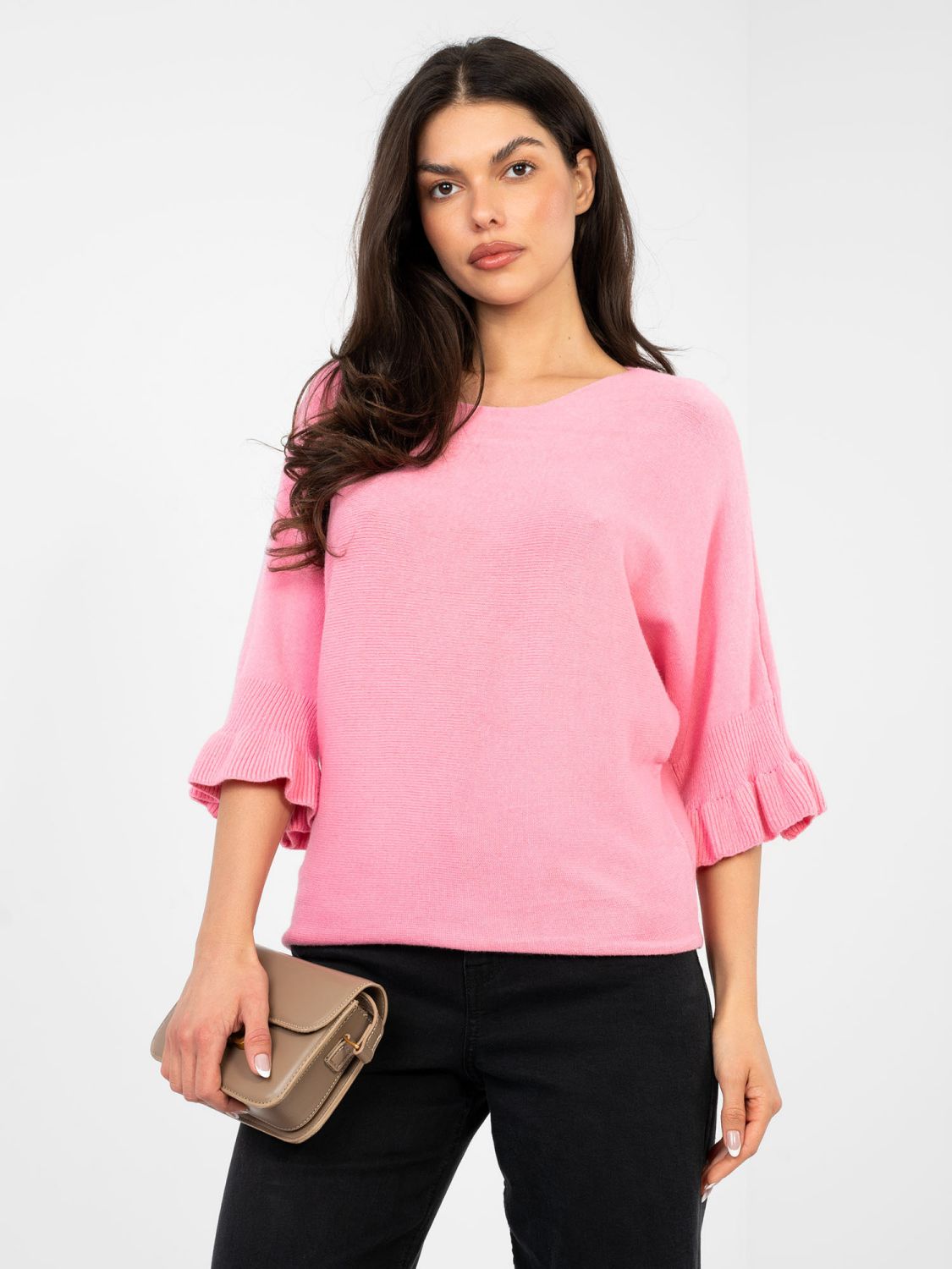 Maglione rosa elegante con maniche 3/4 e volant