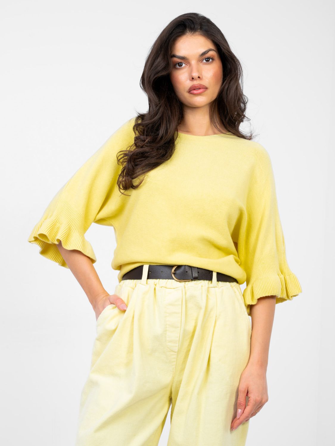 Maglione giallo elegante con volant e maniche 3/4