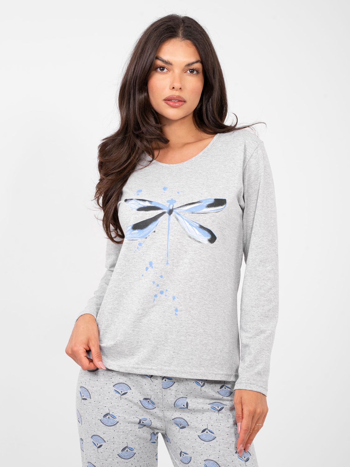 Ženska siva pamučna pidžama s printom i gumbima