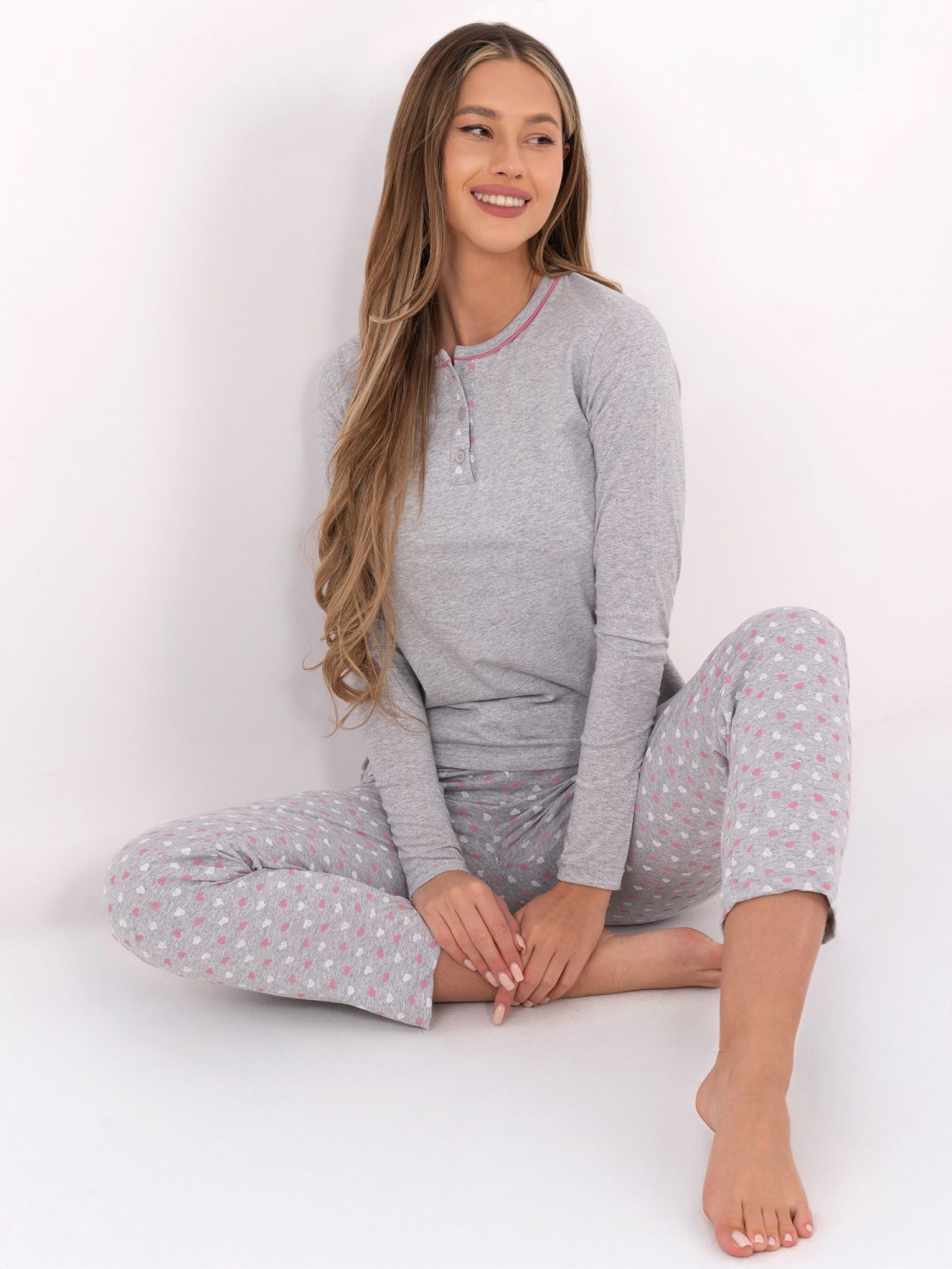 Ženska pamučna pidžama s printom, siva
