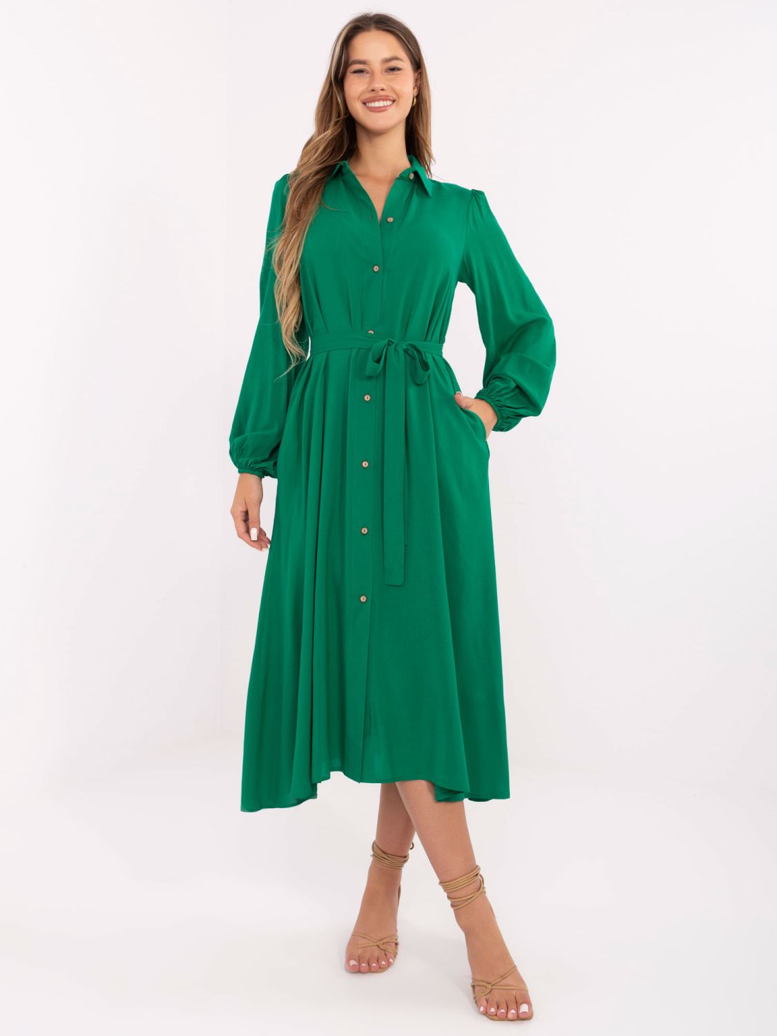 Elegantna zelena midi haljina s dugim rukavima