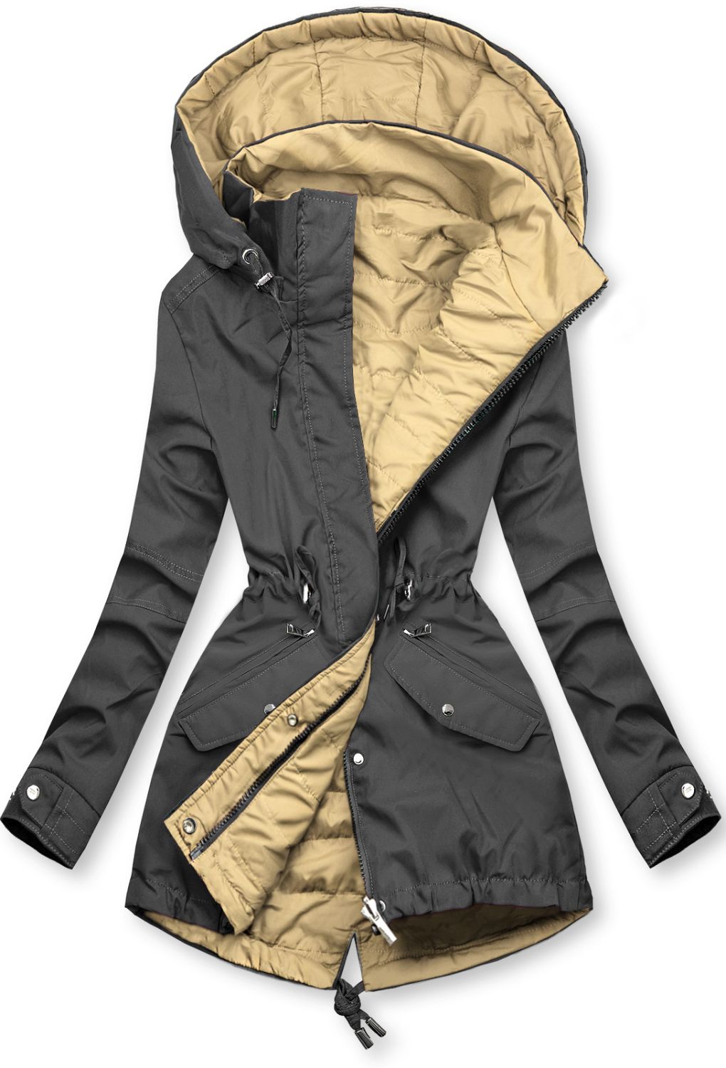 Parka doppia faccia di transizione con cappuccio grigio chiaro/sabbia