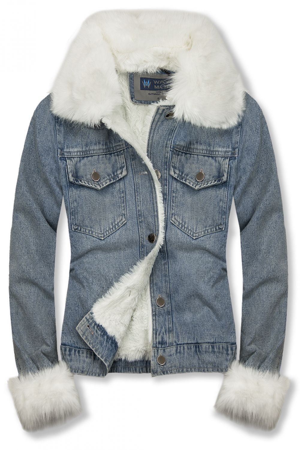 Giubbotto in denim blu con pelliccia bianca