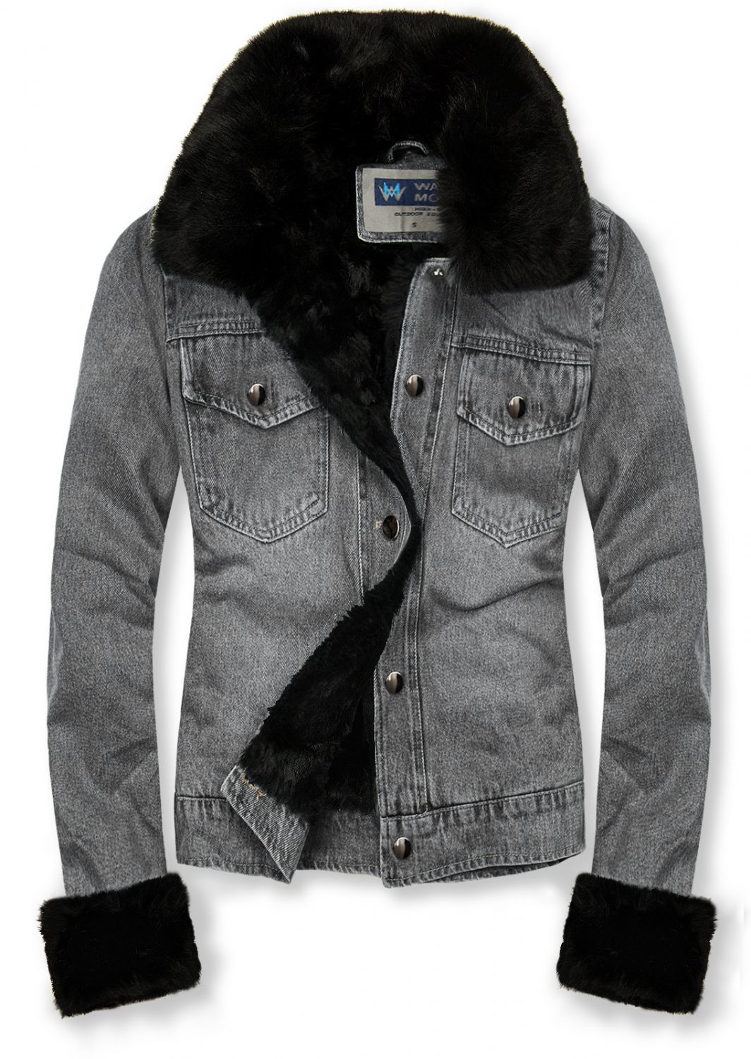 Giubbotto in denim grigio con pelliccia nera