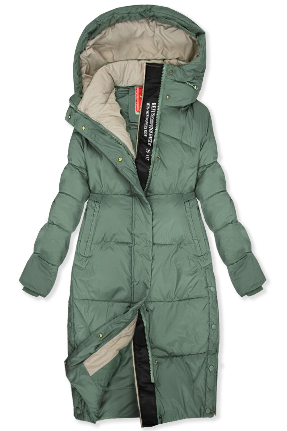 Piumino invernale trapuntato con cappuccio salvia/beige