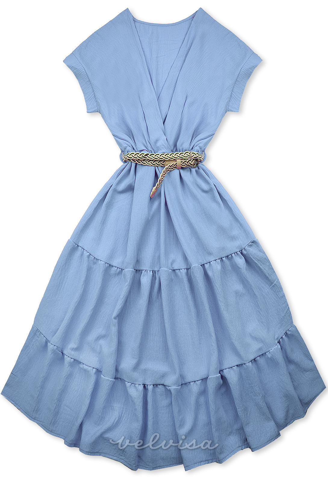 Svijetlo plava midi ljetna haljina s remenom