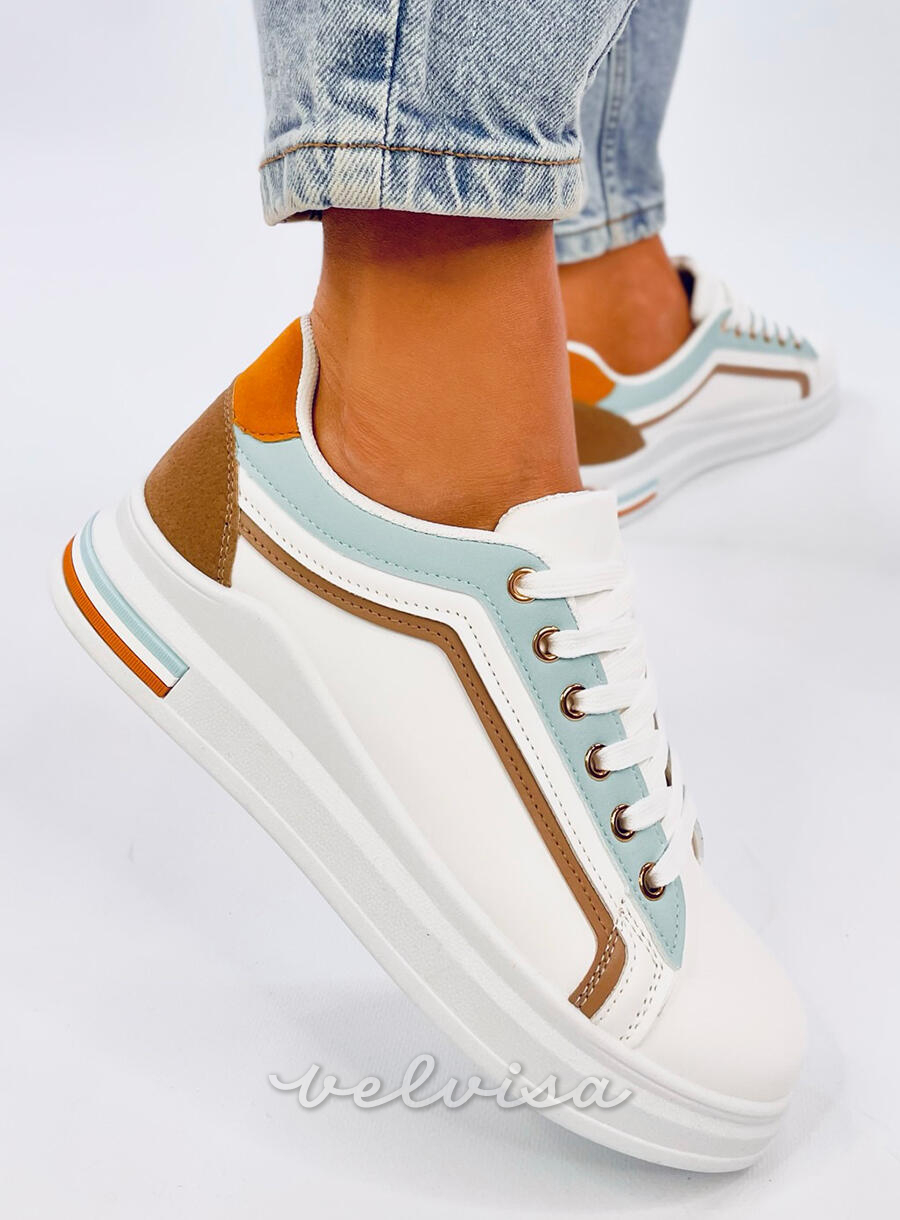 Sneakers bianche con striscia babyblue/marrone