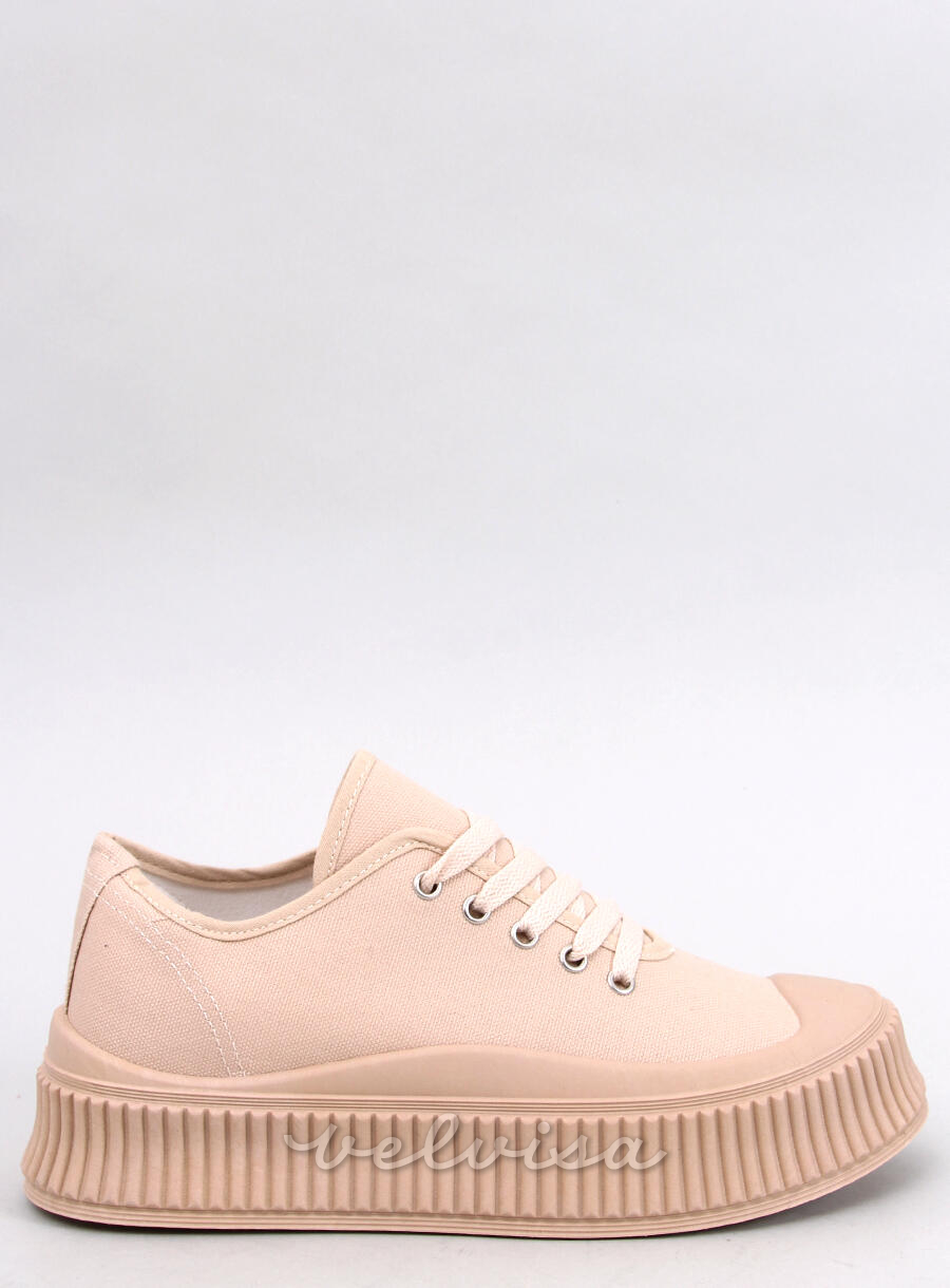 Sneakers in tela con plateau alto beige scuro
