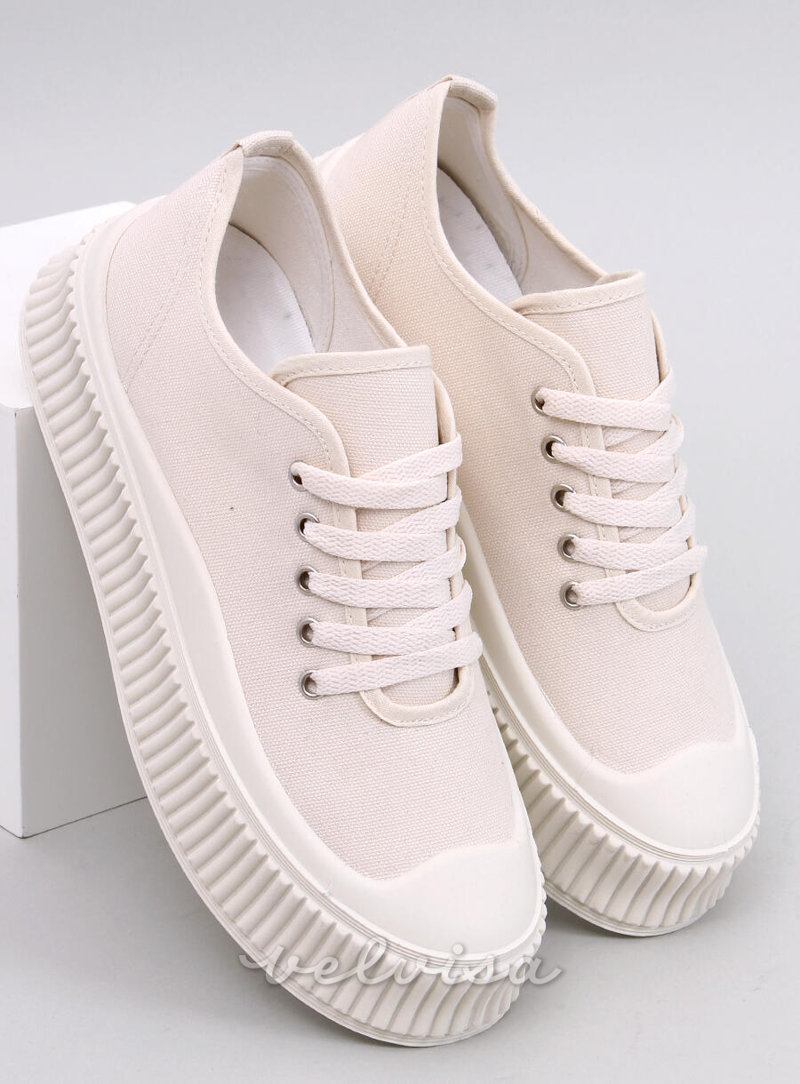Sneakers in tela con plateau alto beige chiaro