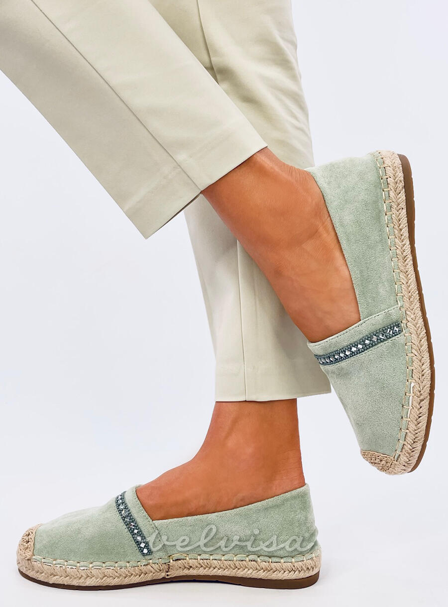 Espadrillas in pelle scamosciata pistacchio con strass