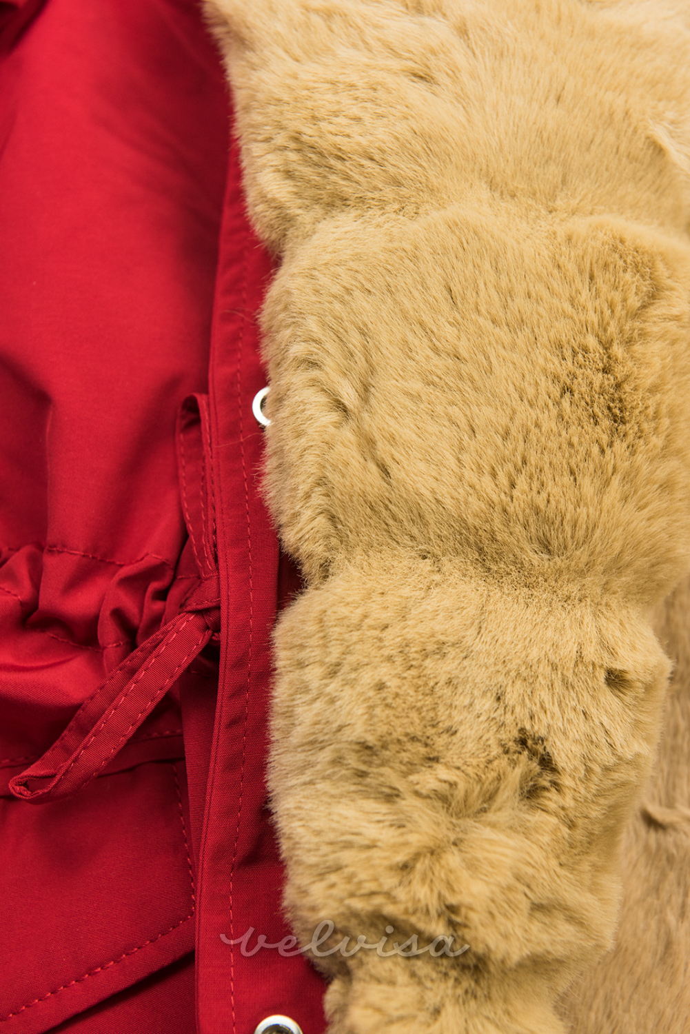 Parka rossa-beige con bordo in pelliccia
