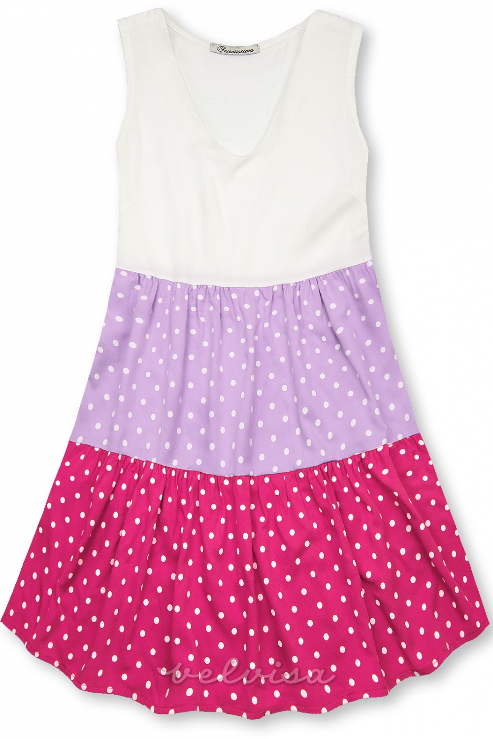 Haljina od viskoze na točkice bijela/lila/ružičasta