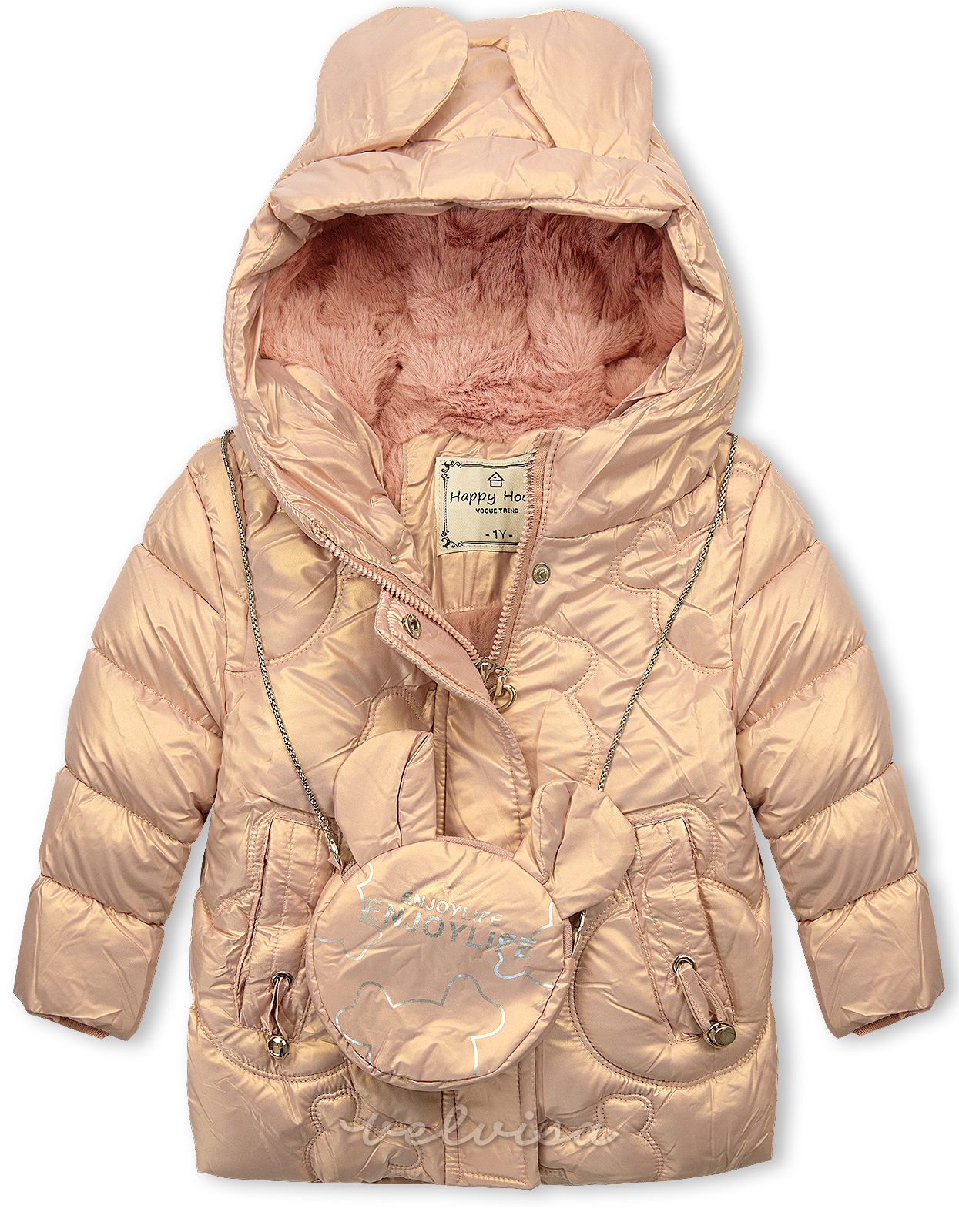 Svijetlo ružičasta zimska jakna s torbicom za djevojku