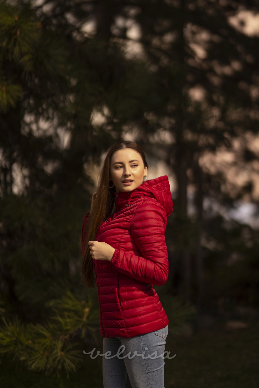 Tamno crvena jakna s elastičnim strukom