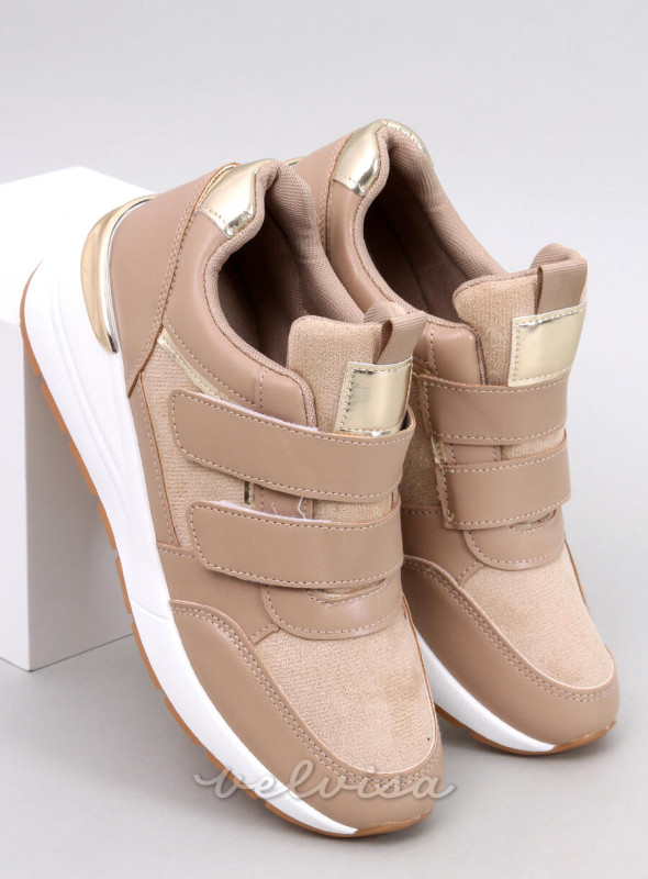 Sneakers con velcro e zeppa beige