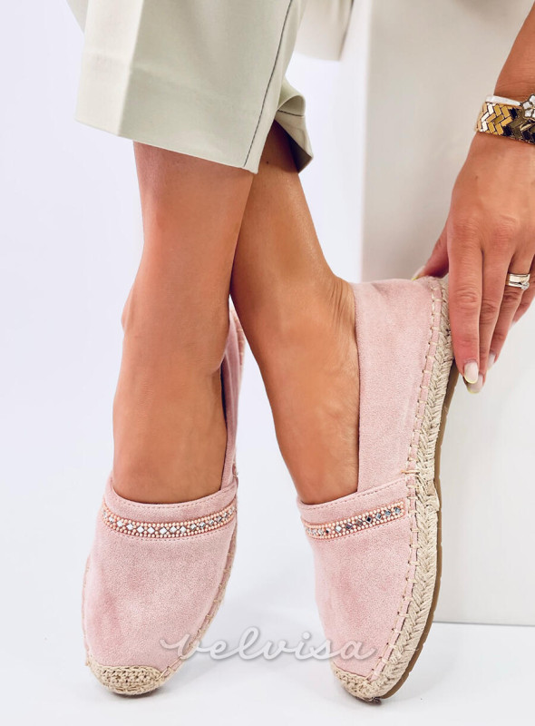 Espadrillas in pelle scamosciata rosa chiaro con strass