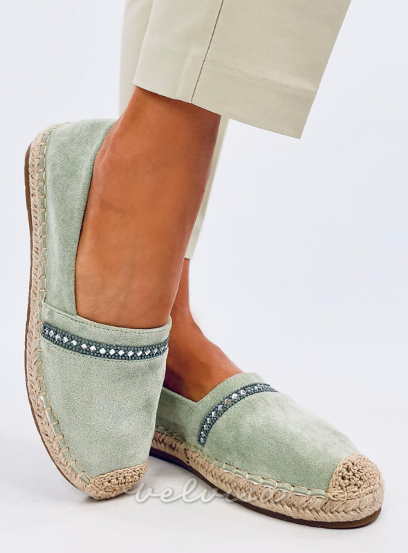 Espadrillas in pelle scamosciata pistacchio con strass