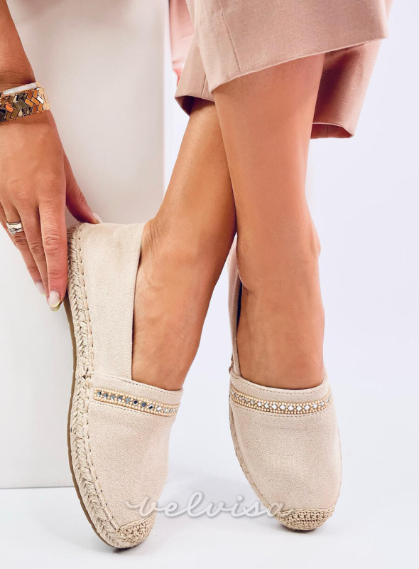 Espadrillas in pelle scamosciata beige con strass