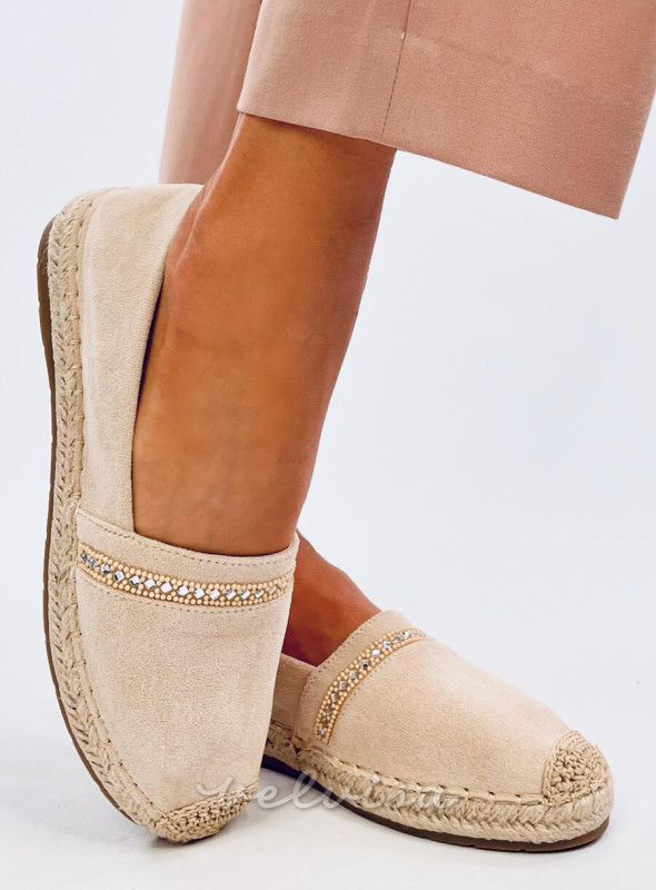 Espadrillas in pelle scamosciata beige con strass