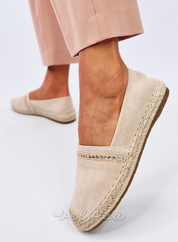 Espadrillas in pelle scamosciata beige con strass