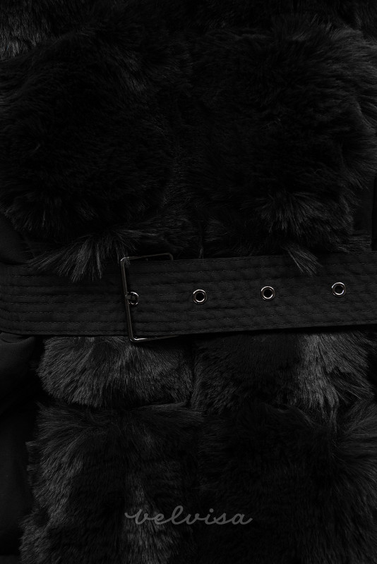 Giacca invernale nera con cintura e pelliccia