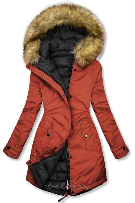 Giacca invernale reversibile con pelliccia rosso ruggine/nero