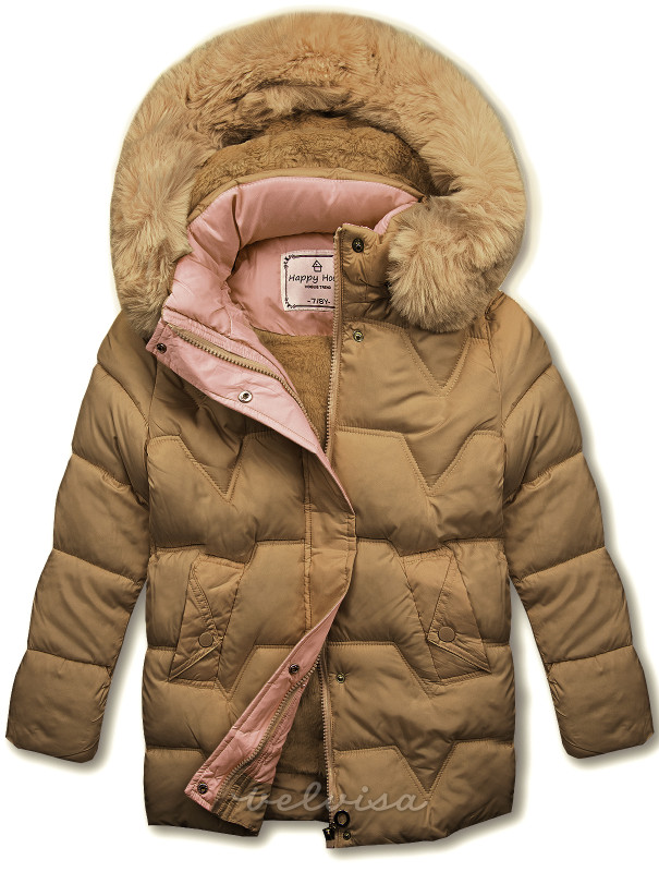 Smeđa zimska prošivena jakna s torbicom