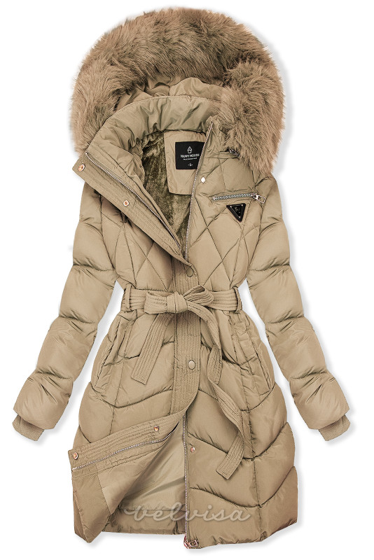 Giacca invernale estesa beige con pelliccia