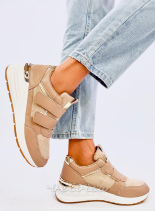 Sneakers con velcro e zeppa beige