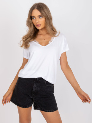 T-shirt bianca da donna con scollo a V e pizzo