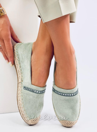 Espadrillas in pelle scamosciata pistacchio con strass