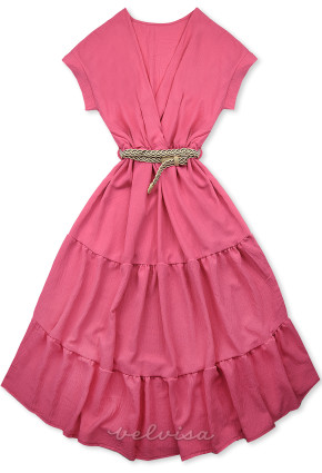 Ružičasta midi ljetna haljina s remenom