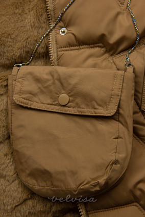 Giacca trapuntata invernale marrone con borsetta