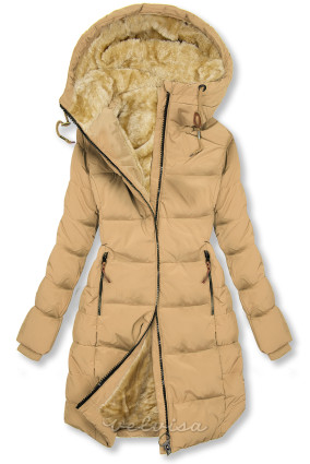 Pješčano smeđa zimska prošivena jakna s kapuljačom