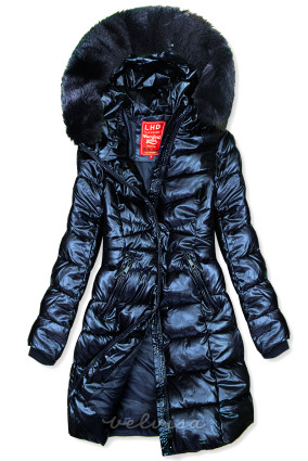 Tamno plava sjajna zimska jakna s odvojivim krznom